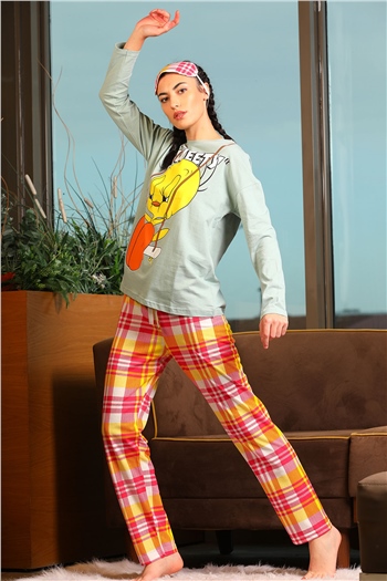 Kadın Desenli Uyku Bantlı Pijama Takımı Mint