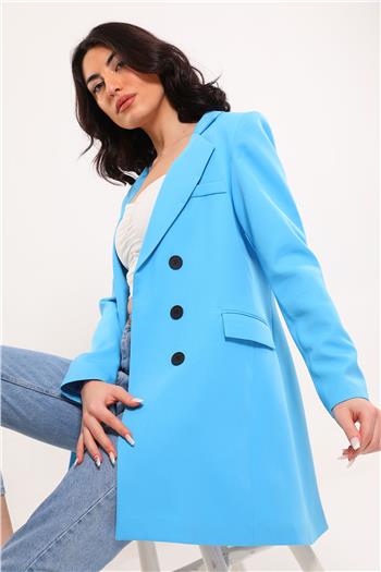 Kadın Düğme Detaylı Astarlı Blazer Ceket Mavi