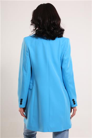 Kadın Düğme Detaylı Astarlı Blazer Ceket Mavi