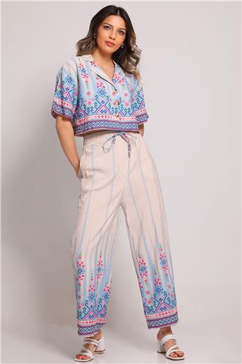 Kadın Etnik Desenli Crop Ceket Pantolon İkili Takım BebeMavisi 493976