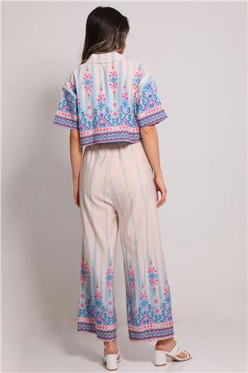 Kadın Etnik Desenli Crop Ceket Pantolon İkili Takım BebeMavisi