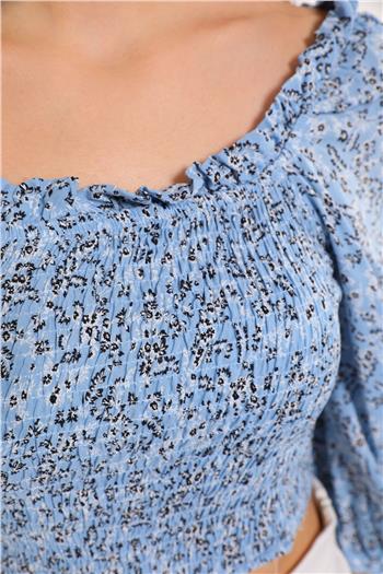 Kadın Gipeli Desenli Crop Bluz Mavi