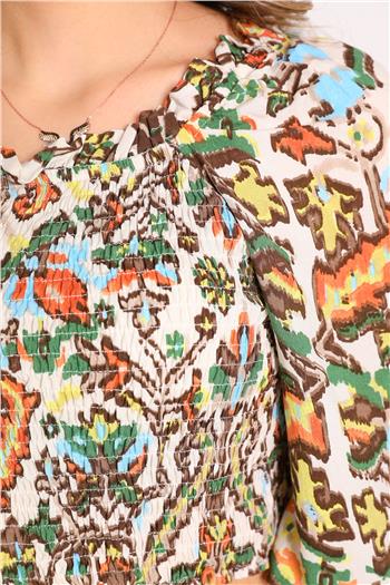 Kadın Gipeli Desenli Crop Bluz Renkli