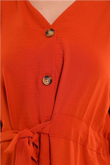 Kadın Gömlek Yaka Ön Düğmeli Bel Kuşak Detaylı Elbise Kiremit 493628