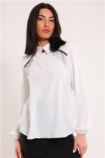 Kadın Gömlek Yaka Taş Detaylı Bluz Krem