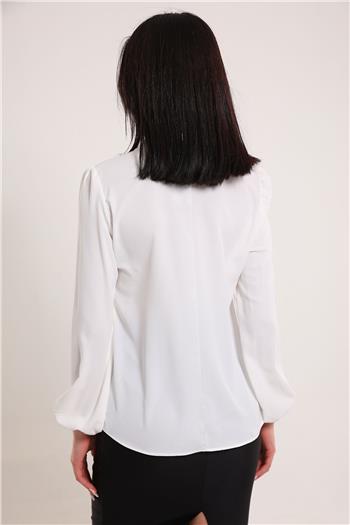 Kadın Gömlek Yaka Taş Detaylı Bluz Krem