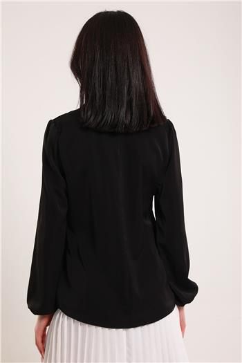 Kadın Gömlek Yaka Taş Detaylı Bluz Siyah