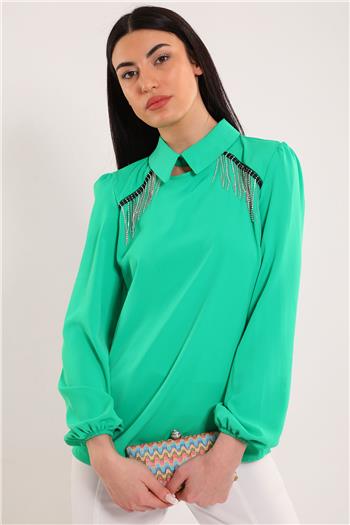 Kadın Gömlek Yaka Taş Detaylı Bluz Yeşil