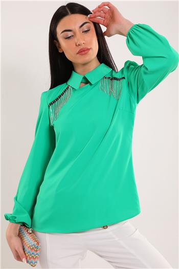 Kadın Gömlek Yaka Taş Detaylı Bluz Yeşil