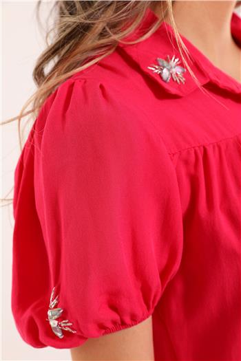 Kadın Gömlek Yaka Taş Detaylı Elbise Fuşya 494050