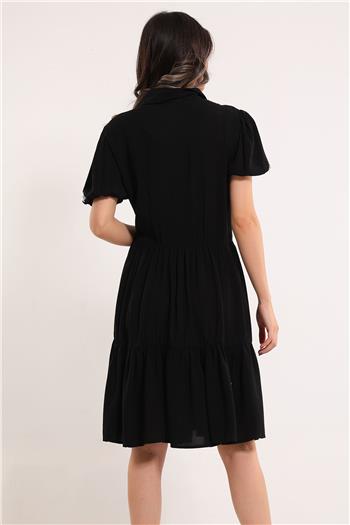 Kadın Gömlek Yaka Taş Detaylı Elbise Siyah