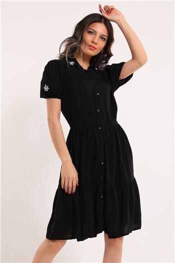 Kadın Gömlek Yaka Taş Detaylı Elbise Siyah 494049