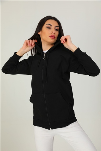 Kadın Kapüşonlu Fermuarlı Sweatshirt Siyah