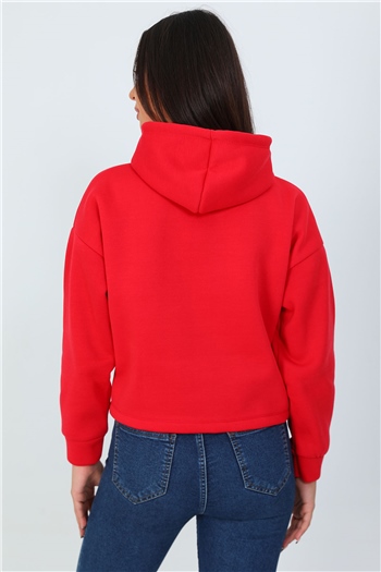 Kadın Kapüşonlu Şardonlu Sweatshirt Kırmızı