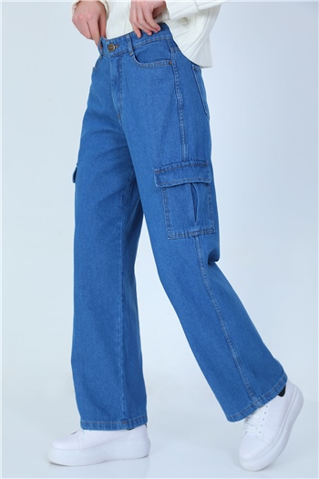Kadın Kargo Cepli Bol Paça Jeans Pantolon Mavi