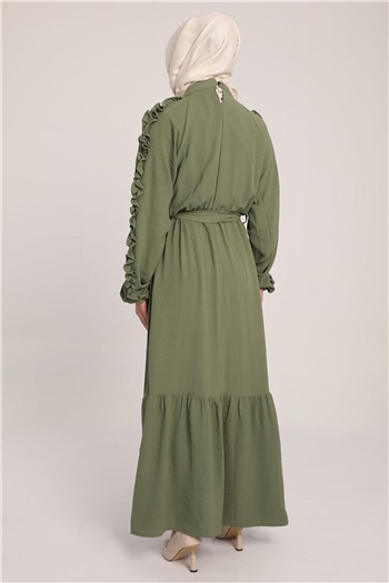 Yeşil Kadın Kol Fırfır Detaylı Beli Kuşaklı Uzun Elbise
