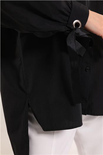 Kadın Kol Ucu Bağlamalı Salaş Tunik Gömlek Siyah