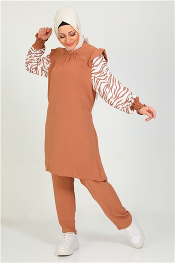 Vizon Kadın Kolları Zebra Desenli Pantolonlu Takım