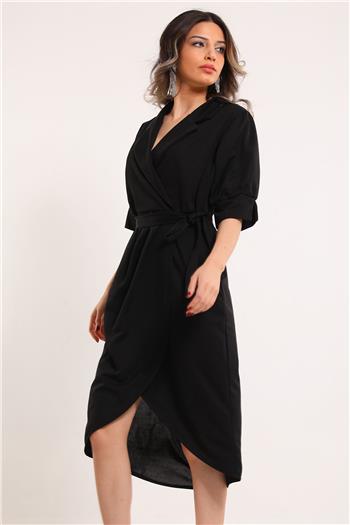 Zen-5097 Kadın Kravuze Yaka Balon Kol Kemerli Abiye Elbise Siyah