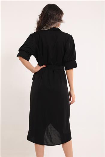 Zen-5097 Kadın Kravuze Yaka Balon Kol Kemerli Abiye Elbise Siyah