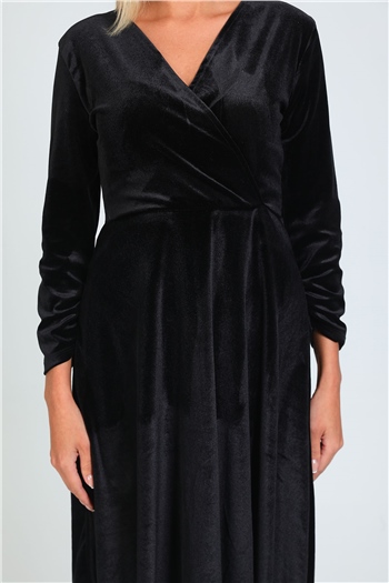 Kadın Kravuze Yaka Kadife Abiye Elbise Siyah