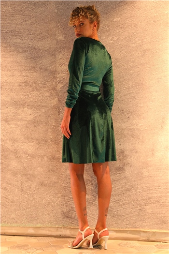 Kadın Kravuze Yaka Kemerli Kadife Abiye Elbise Yeşil