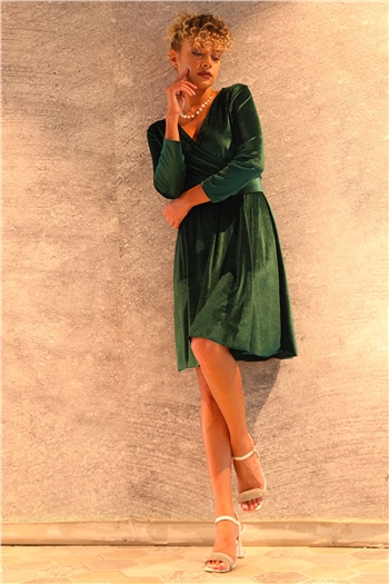 Kadın Kravuze Yaka Kemerli Kadife Abiye Elbise Yeşil 490756