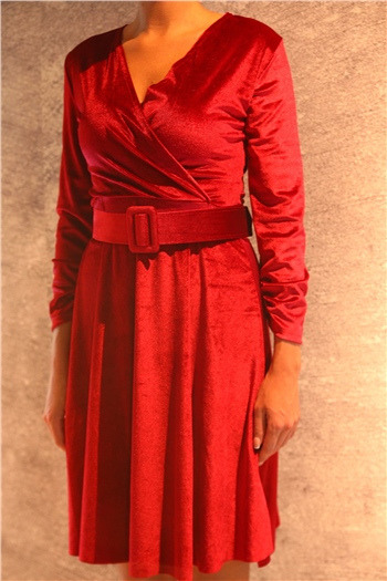 Kadın Kravuze Yaka Kemerli Kadife Abiye Elbise Kırmızı