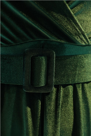 Kadın Kravuze Yaka Kemerli Kadife Abiye Elbise Yeşil 490756