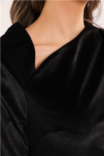 Kadın Omuz Vatkalı Ön Drapeli Kadife Elbise Siyah