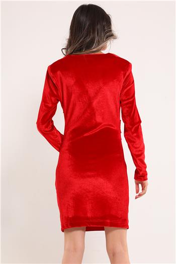 Kadın Omuz Vatkalı Ön Drapeli Kadife Elbise Kırmızı