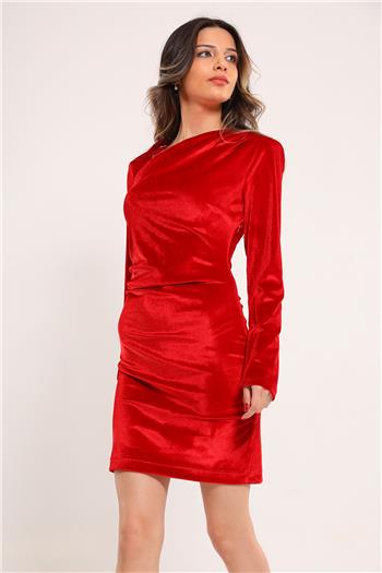 Kadın Omuz Vatkalı Ön Drapeli Kadife Elbise Kırmızı