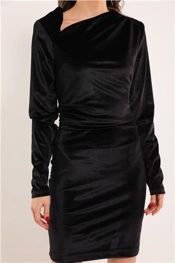 Kadın Omuz Vatkalı Ön Drapeli Kadife Elbise Siyah