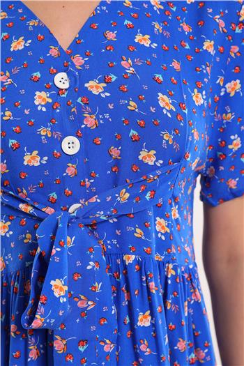 Kadın Ön Bağlamalı Çiçek Desenli Elbise SaksMavisi 494254