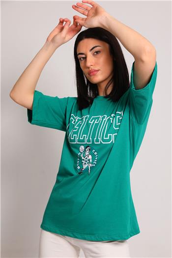 Kadın Ön Baskılı Salaş T-shirt Yeşil