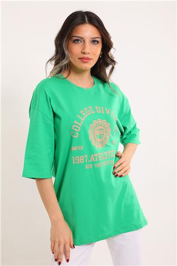 Kadın Ön Baskılı Salaş T-shirt Yeşil