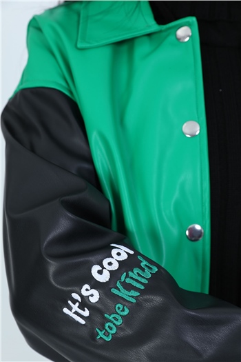 Yeşil Kadın Ön Çıtçıtlı Deri Kolej Ceket