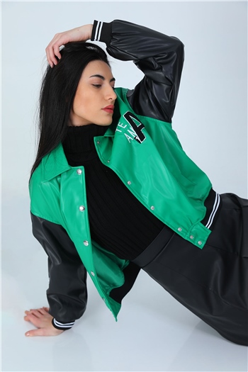 Yeşil Kadın Ön Çıtçıtlı Deri Kolej Ceket