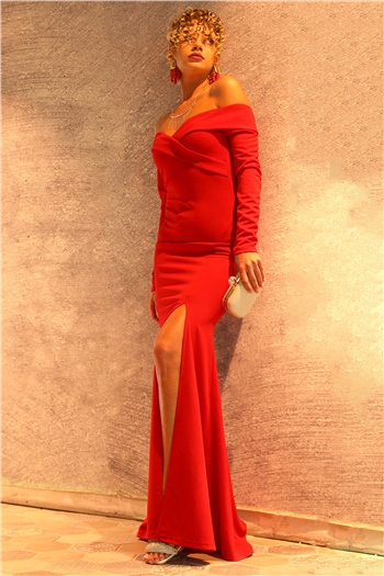 Kadın Ön Dekolteli Yırtmaçlı Abiye Elbise Kırmızı 490746