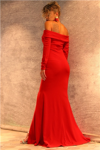 Kadın Ön Dekolteli Yırtmaçlı Abiye Elbise Kırmızı