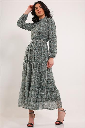 Kadın Ön Düğme Detaylı Desenli Kemerli Elbise Mint