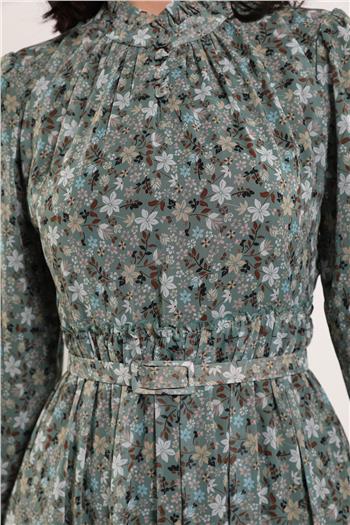 Kadın Ön Düğme Detaylı Desenli Kemerli Elbise Mint
