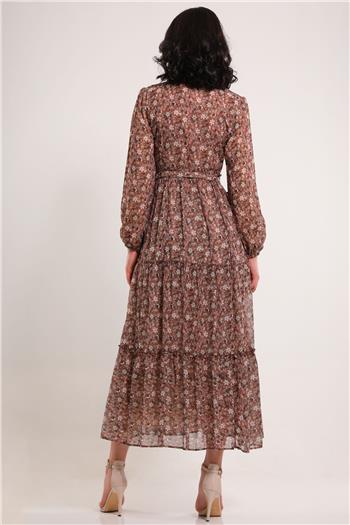 Kadın Ön Düğme Detaylı Desenli Kemerli Elbise Vizon