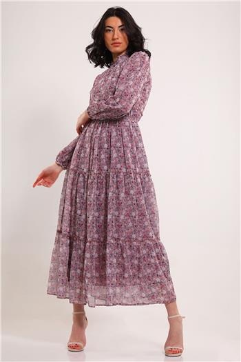 Kadın Ön Düğme Detaylı Desenli Kemerli Elbise AçıkLila