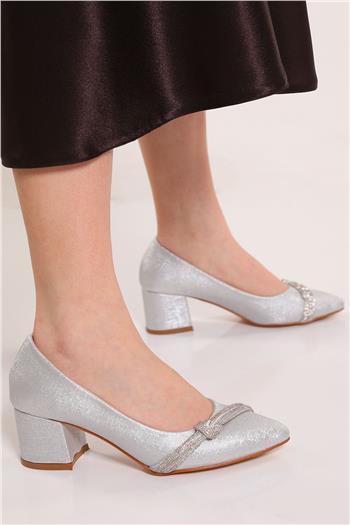 Kadın Ön Taşlı Topuklu Ayakkabı Gümüş