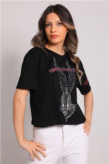 Kadın Ön Ve Arka Baskılı Crop T-shirt Siyah