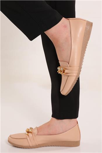 Kadın Ön Zincir Tokalı Taşlı Babet Ayakkabı Bej