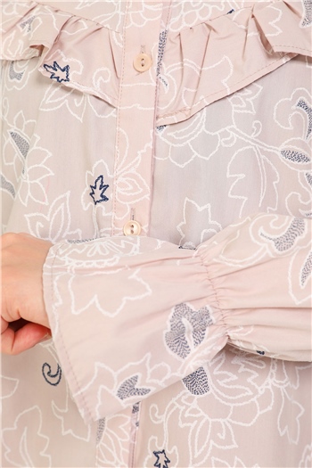 Taş Kadın Önü Fırfırlı Kolu Lastikli Desenli Tunik Gömlek