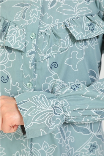 Mint Kadın Önü Fırfırlı Kolu Lastikli Desenli Tunik Gömlek