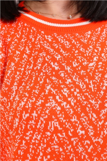 Kadın Oversize Bisiklet Yaka Desenli Triko Tunik Orange